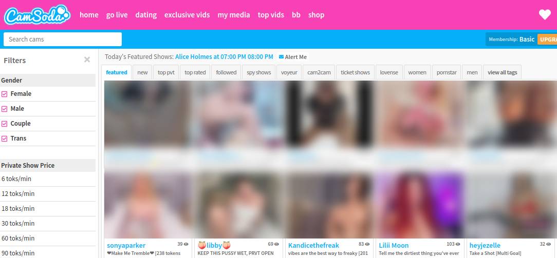 CamSoda Schermata della pagina principale